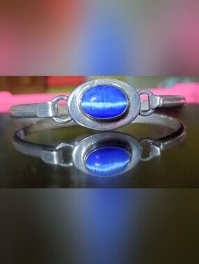 925 Taxco Mexico Sterling Silver Blue Cat's Eye ChatoyancyHook Bangle VTG